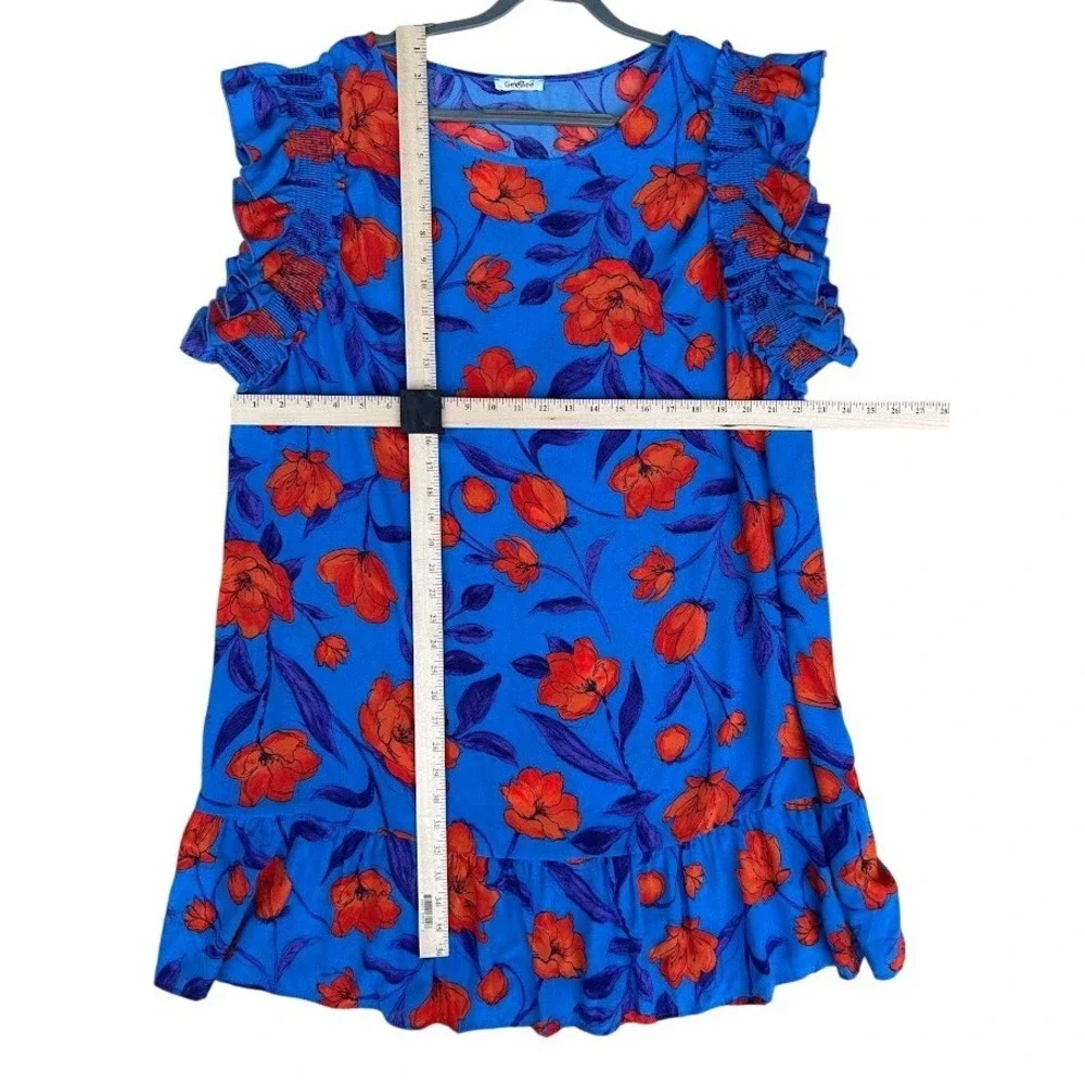 GeeGee Blue Orange Floral Ruffle‎ Smocked Cap Sleeve Shift Dress 3XL